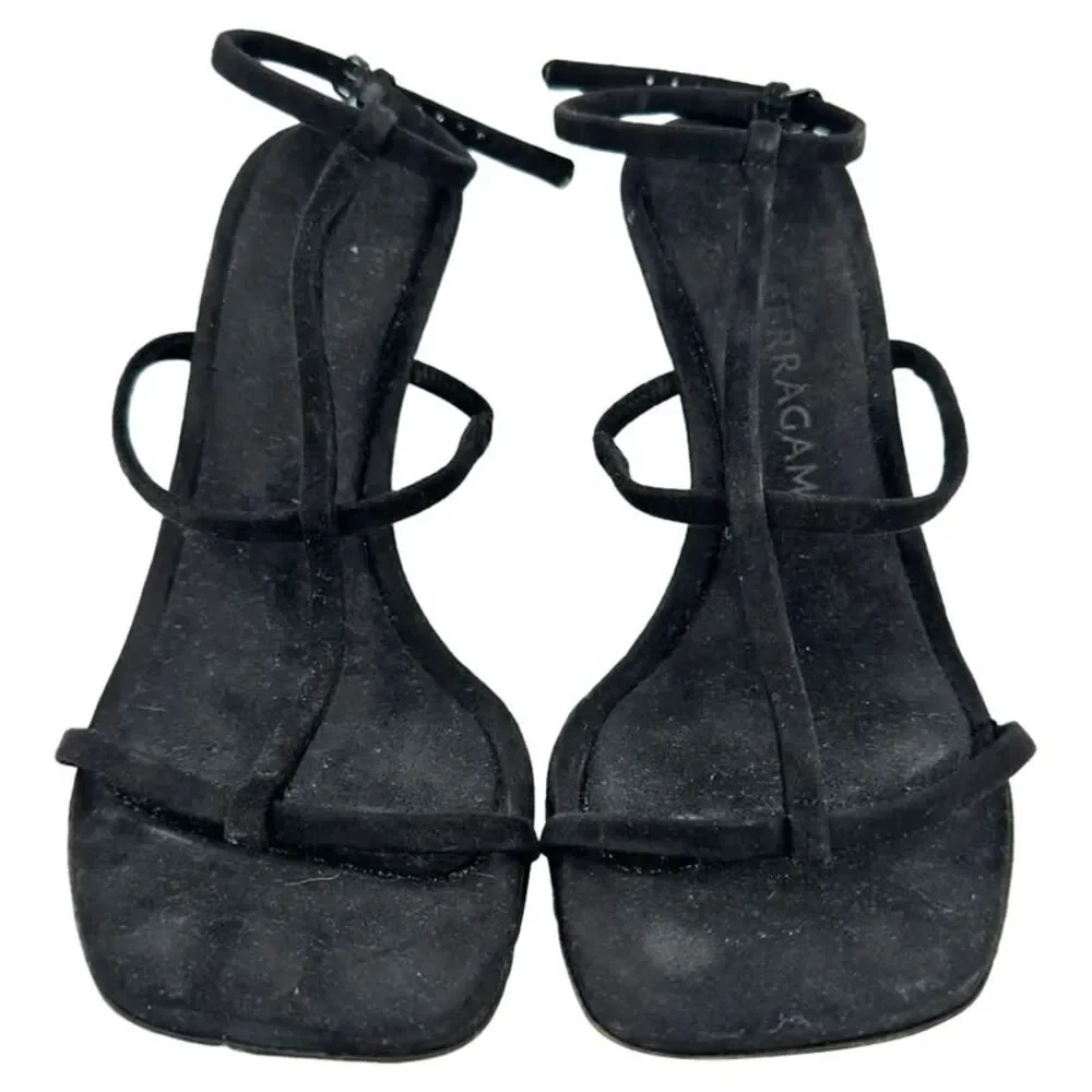 Ferragamo Elina Sandal Heels in Black Goat Suede